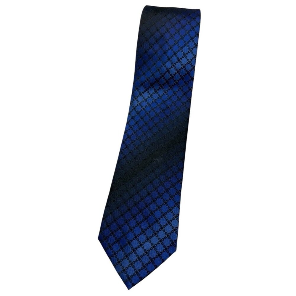 OLYMP Men's 100% Silk Necktie LUXURY Tie Black Blue Geometric W:3.4" EUC